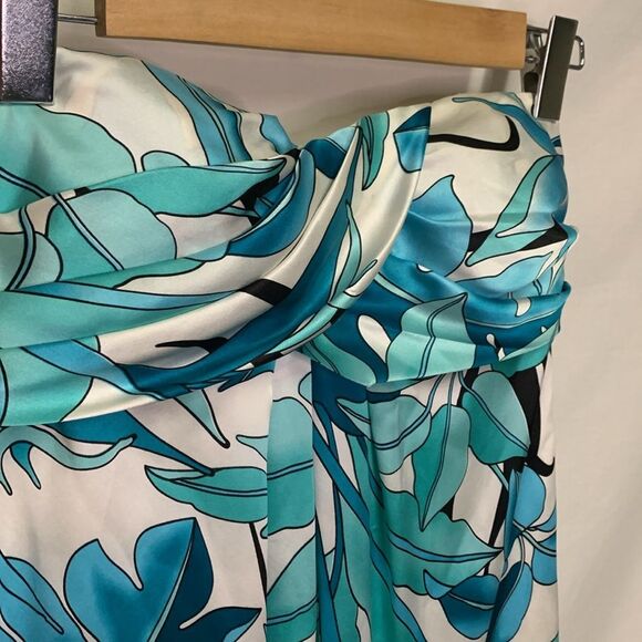 Cache Turquoise Off White Silk Tropical Leaf Pattern Strapless Mini Dress Size 2 - Picture 3 of 13